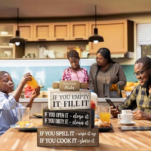 Moucuny 4 Pcs Farmhouse Tiered Tray Decor, Kitchen Rules Wooden Signs - Image 4