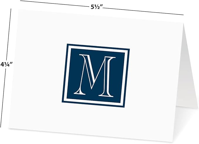 Navy Monogram White Personalized Note Cards - Set of 24, Envelopes Included, 4.25" x 5.5", Initial