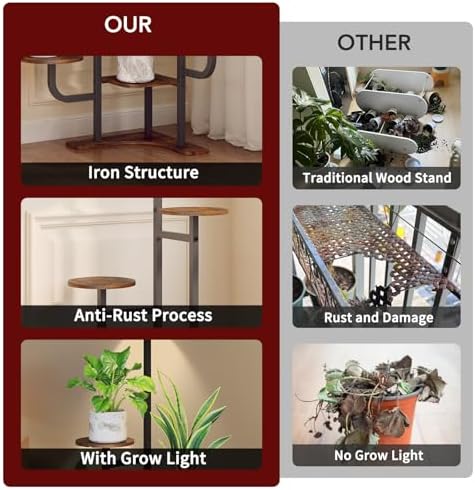Homsorout Corner Plant Stand with Grow Light - 6 Tier Plant Stand Indoor Round Metal Plant Shelf with Adjustable Light, Plant Organizer for Living Room, Garden, Home Decor, Brown - Image 5