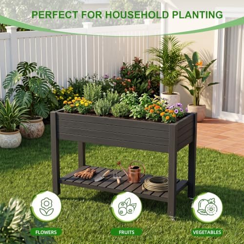 Elevated Resin Raised Garden Bed, 33.7in Height Raised Planter Box with Drainage Holes, Lockable Rotating Wheels & Bottom Storage Shelf, Stake Support, Easy Assembly for Patio Lawn Backyard Balcony - Image 4