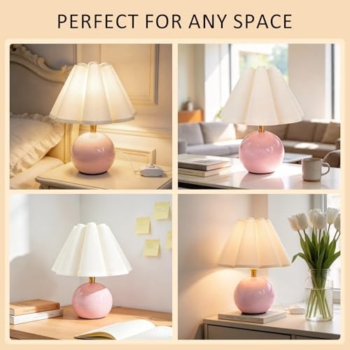 Small Bedside Table Lamp, 11.8'' Ceramic Stepless Dimmable Lamp (Pink) - Image 5