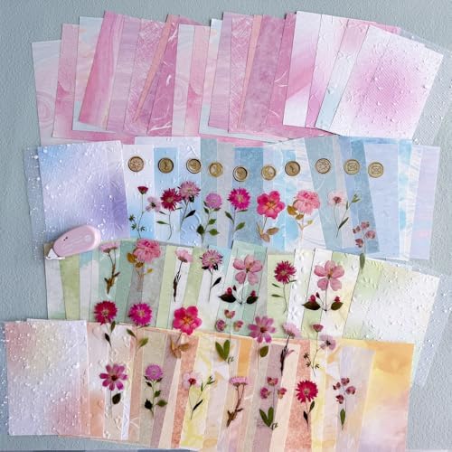 MOLNESO 132pcs Pastel Aesthetic Journal Paper Kit, Embossed Background Papers with Clear Dried Flower Stickers, Mixed Textured Scrapbook Papers for Collage, Junk Journals, Card Making, DIY Crafts - Image 2