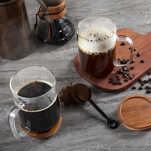 DRASTAR Glass Coffee Mugs, 20 oz Clear Coffee Cups, Coffee Mug with Acacia Wood Lid, Tea Glass Cups with Handles, Large Coffee Mug Set of 4, Glass Coffee Cups for Latte, Espresso, Tea - Image 4