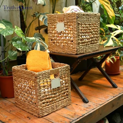 Water Hyacinth Storage Baskets Set of 2, 12x12x12 Wicker Cube Storage Bins for Shelves, Woven Cube Organizer for Closet Nursery, Rattan Basket Set, Canastas Para Organizar, Handwoven - Image 5