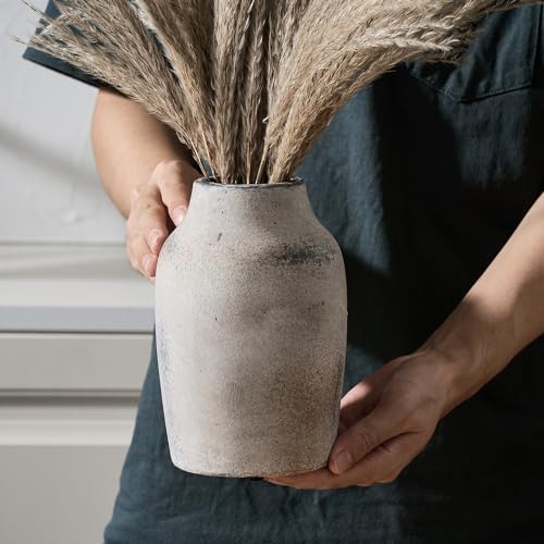 SIDUCAL Ceramic Rustic Farmhouse Vase | 7.2 Inch Pottery Decorative Flower Vase for Home Decor | Whitewashed Terracotta Boho Vase for Table, Living Room, Bathroom Decoration, Shelf Decor, Mantel - Image 3