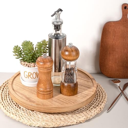Round Decorative Tray Wood Bathroom Counter Organizer Farmhouse Kitchen Decor Wooden Riser for Soap Dish, Perfume, Candle, Sponge, 11" - Brown - Image 4