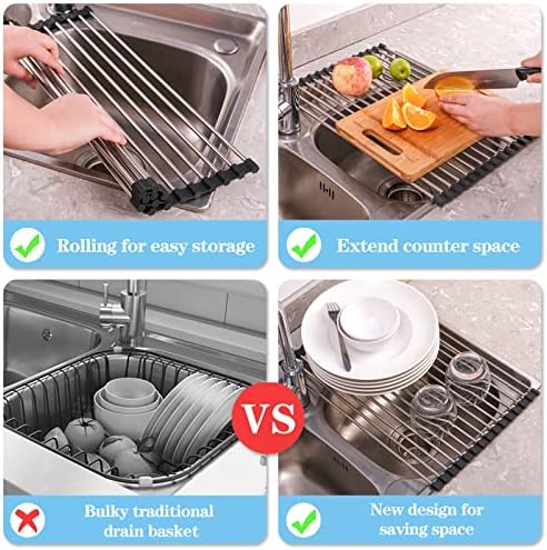 Seropy Roll Up Dish Drying Rack Over The Sink for Kitchen Sink Drying Rack Folding Dish Drainer Mat Rolling Dish Rack Sink Rack Stainless Steel Kitchen Dry Rack Black 17.5x15.7 Inch - Image 6