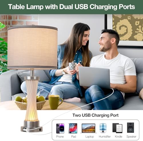 3-Way Dimmable Table Lamp Set of 2,Touch Control Lamp with Night Light,Modern Crystal Table Lamps for Bedroom,Living Room，Bedside Lamps with USB A+C Ports，Fabric Lampshade(Blubs Included) - Image 5