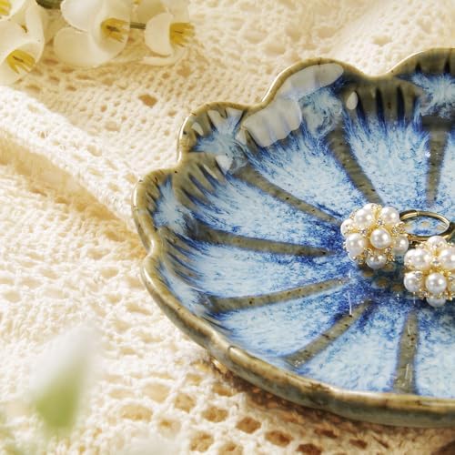 Lotus Ring Holder Dish Small Indoor Ash Tray, Ceramic Dessert Plate Trinket Jewelry Holder Organizing Necklace Earrings for Parents Friends Sister, All Jewelries Are NOT Included, Retro Blue. - Image 2