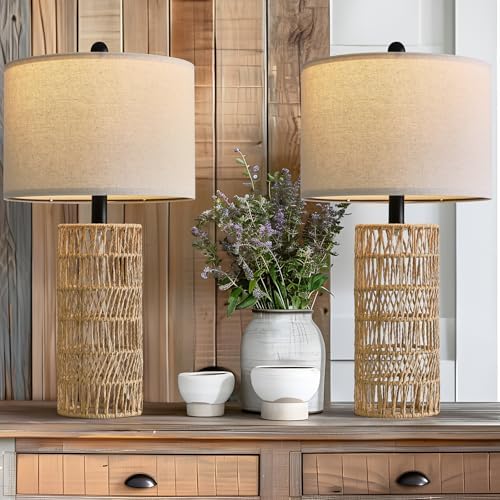 OYEARS 22.5" Boho Table Lamps Set of 2 for Living Room, Bedside Lamp for Nightstands, Rattan Lamp for Bedroom, Farmhouse Table Lamp for Room Decor, End Table, Retro, Brown（Not Include Bulbs） - Image 5