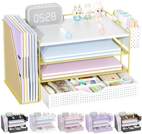 Wood Desk Organizers and Accessories with File Holder, 4-Tier Desk Accessories & Workspace Organizers with Drawer and Pen Holder, Desk Reference Organizer (Gold, 4T with Drawer) by gianotter