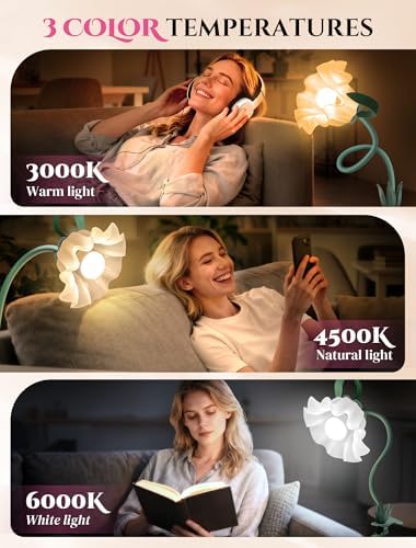 Clip On Flower Lamp for Bedroom, Aesthetic Bedside Reading Light with Flexible Gooseneck, 3 Color Modes Cute Desk Lamp Decor for Dorm Room, Headboard, Nightstand and Home Office - Image 2