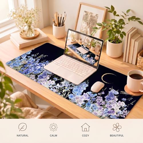 Black Desk Mat, Blue Violet Wildflower XXL Mouse Pad 35.4x15.7 in - Image 6