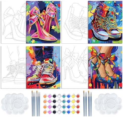 4 PCS Pre Drawn Canvas to Paint for Adults 8 x 10 Inch Couple Sip and Paint Kit Party Supplies Favor Shoes Couples Painting Kit Date Night Canvas Painting Kit for Valentine's Day Painting by ACRNIGHEET