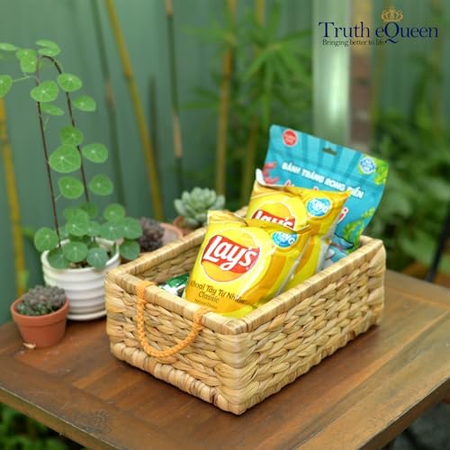 Small Woven Storage Basket with Macrame Handle, 12x9x5 Water Hyacinth Wicker Basket for Blankets, Rectangular Seagrass Basket for Shelf, Bathroom, Nursery, Handwoven Natural Organizer - Image 5