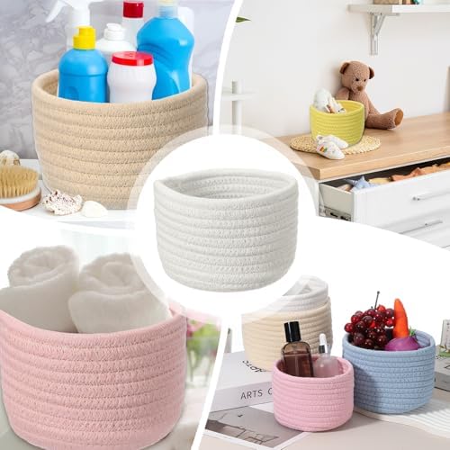 uxcell White Small Cotton Rope Woven Storage Basket, Shelf Closet Storage Gift Woven Baskets Cute Nursery Box Bin Decor Organization Bin for Home Supply, Round, 5.6x3.6 - Image 6