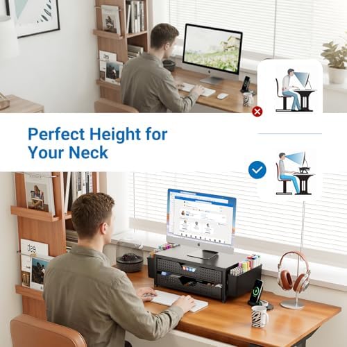OPNICE Desk Organizer and Accessories, 2-Tier Computer Monitor Stand Riser with Drawer and 2 Pen Holders, Laptop Stand, Office Desk Accessories for Office Supplies, Matte Black - Image 3