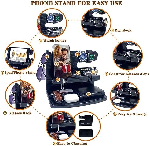 VEIYAILU Gifts for Men Dad Women Husband Boyfriend Him Desk or Nightstand Organizer for Men Wood Phone Docking Station Birthday Gifts Anniversary Idea from Wife - Key Holder, Watch(Black) - Image 5