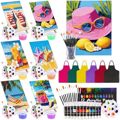 Cholemy 6 Set Paint and Sip Kit for Adults 8"x 10" Pre Drawn Canvas Painting with Wooden Easel Acrylic Paint Wash Cup Brushes Palette Apron for Painting DIY Adult's Date Party Supplies(Hawaii) by Cholemy
