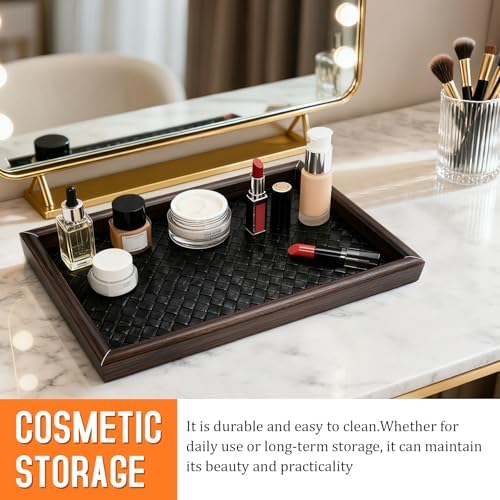 Wooden Valet Tray Desk Organizer with Leather Base,Nightstand, Entryway Bedside Dump Holder for Wallets, Keys, Watches, Jewelry & Sunglasses - Image 5