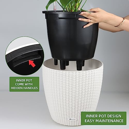 Dexceder 18x17 Self Watering Planter with Wheels (Ivory White Rattan) - Image 4