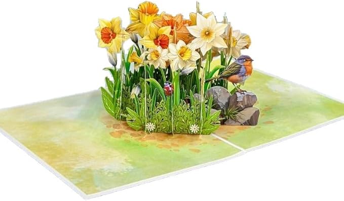 3D Pop-Up Daffodil Field Greeting Card – Handmade Spring Flower Card with Birds for Birthday, Mother’s Day, Easter & Special Occasions F56