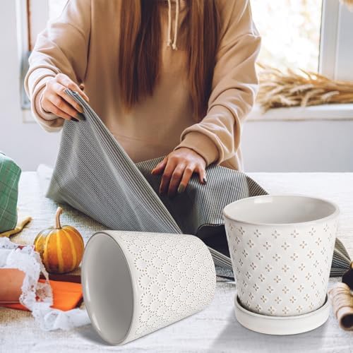 EFISPSS Ceramic Plant Pots Indoor, 5 Inch Planters with Drainage Holes and Ceramic Tray, Relief Design Flower Planter, Desktop Office Windowsill Decoration Gift Set of 4, White - Image 7