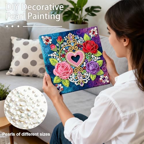 ARTopet DIY Pearl Painting Kit with Frame Gemstone Pearl Diamond Dots Beads Canvas Art Craft for Adult Beginners Display for Tabletop and Wall Mounting Home Decor-Rose - Image 6