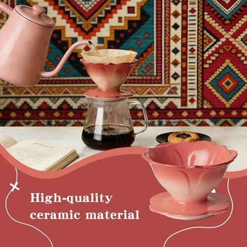 Premium Ceramic Pour Over Coffee Dripper，Includes 40pcs Coffee Filter Papers, suitable for home and travel, Flower Petal Dripper（Gradient Red） - Image 4