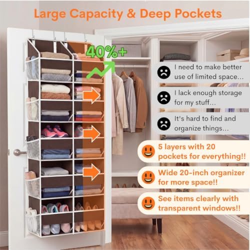 Over the Door Organizer 5 Tiers, Extra Large Behind Door Storage of 10 Compartments, 80 lbs Weight Capacity Over Door Organizer, Door Hanging Organizer for Closet, Diaper Organizer (Brown) - Image 2