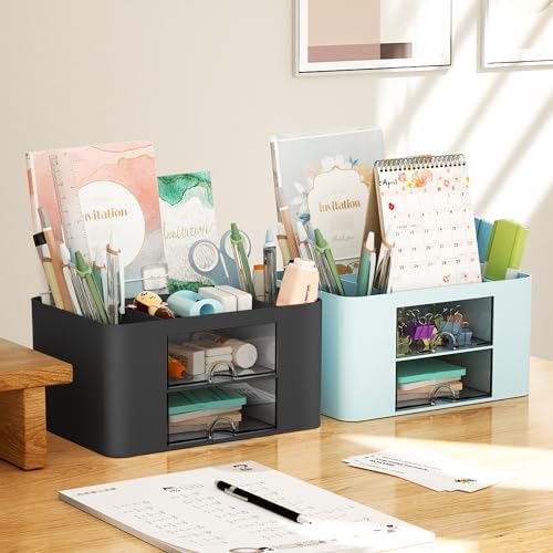 Marbrasse Pen Organizer with 2 Drawer, Multi-Functional Pencil Holder for Desk, Desk Organizers and Accessories with 5 Compartments + Drawer for Office Art Supplies (Black) - Image 5