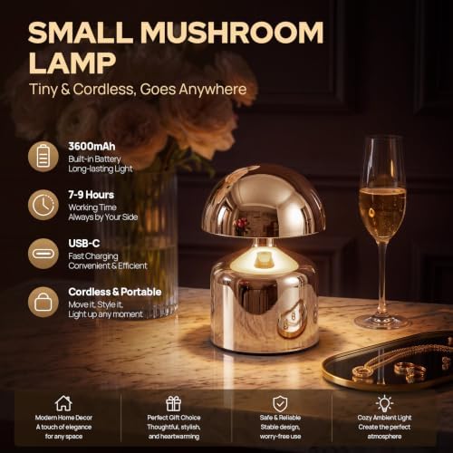 Mini Mushroom Rechargeable Table Lamp Cordles, Gold, 2 Pack - Image 4