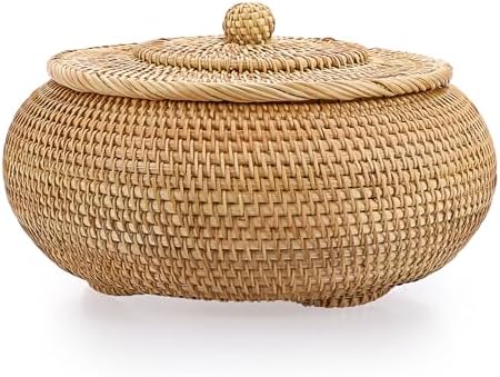 Hipiwe Round Rattan Boxes with Lid Natural Woven Picnic Storage Basket Bin by Hipiwe