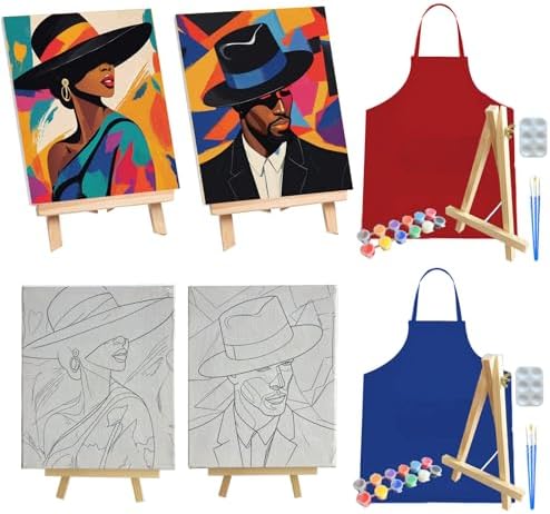 2 Pcs Sip and Paint Kit for Adults Couples – Date Night Painting Set with Pre-Drawn Canvases, Paints, Brushes, and Easels – (Chic Couple) by AMIZEY