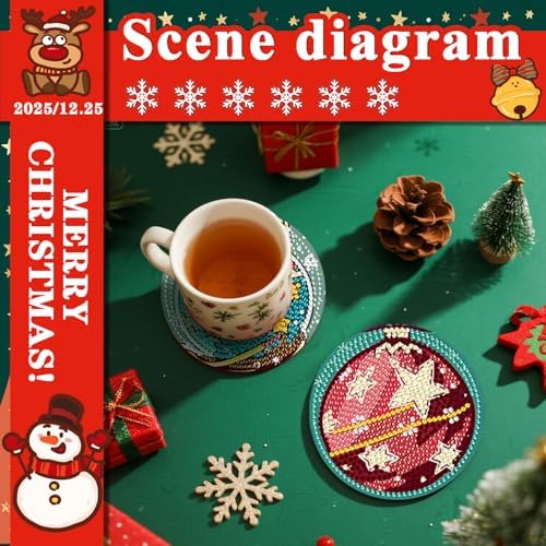 DOTSOPS 8 Pcs Diamond Art Kits for Adults Small Diamond Art Coasters with Holder,Diamond Art Painting Coasters for Adults Beginners Diamond Craft for Christmas Birthday (Christmas Ornaments) - Image 6