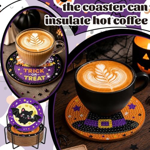 8 Pcs Halloween Diamond Art Coasters Cute Cat Spider Pumpkin Bat Ghost Diamond Art Painting Coasters with Holder DIY Crafts Kits for Halloween Party Decor Gift - Image 4