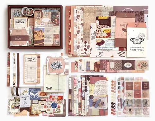155 PCS Aesthetic Scrapbook Kit, Vintage Scrapbooking Supplies Kit, Junk Journal Supplies Kit with A6 Grid Notebook, Bullet Junk Journals Kit, DIY Gift Journaling Kit for Adults, Brownie Theme, Brown by Alunsito