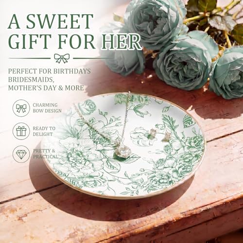Mifoci Floral Ceramic Jewelry Tray Ring Holder Trinket Dish for Women Green - Image 2