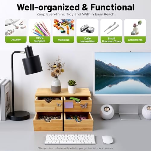 Gdrasuya10 Bamboo Desk Organizer, Drawer Tabletop Storage Organization Box for Office Home Toiletries Supplies, No Assembly Required (4 Drawer) - Image 3
