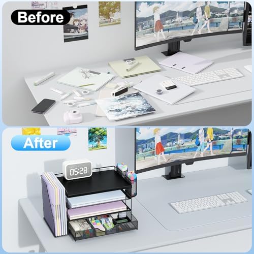 gianotter Wood Desk Organizers and Accessories with File Holder, 4-Tier Desk Accessories & Workspace Organizers with Drawer and 2 Pen Holder, Desk Reference Organizer (Black, 4T with Metal Drawer) - Image 2
