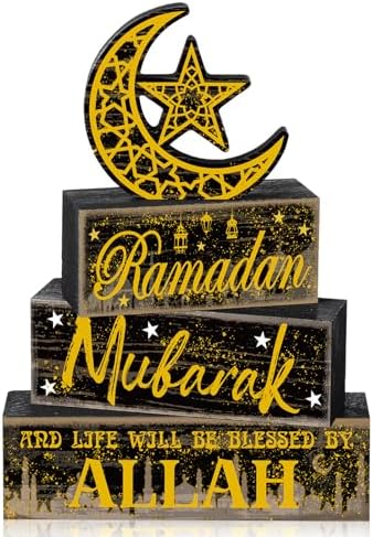 Moucuny 4 Pcs Ramadan Mubarak Wooden Block Signs, Farmhouse Table Decor by Moucuny