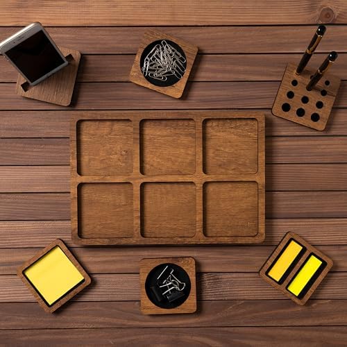 Vigo Wood 6-Compartment Desk Organizer, Vertical Phone Holder Stand, Pen Paperclip Note Storage for Home Office Accessories Large (Walnut) - Image 3