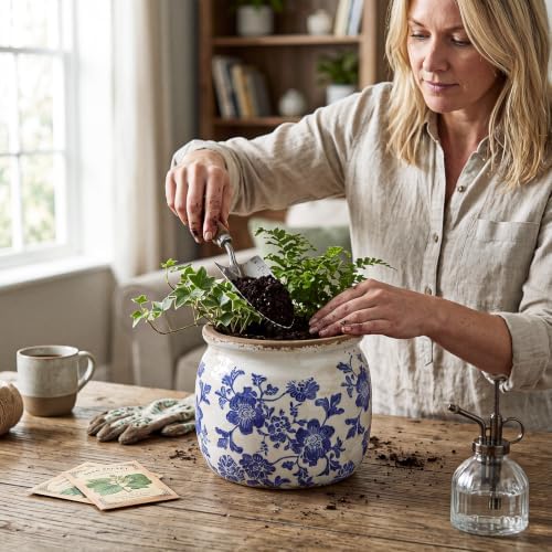 Vintage Planter, Chinoiserie Ceramic Plant Pot with Drainage Hole - Image 5