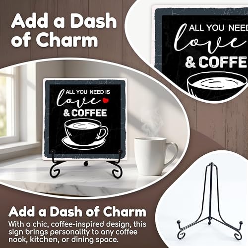 Coffee Bar Sign, All You Need Is Love and Coffee Quote Sign, 5x5 Wood Plaque with Iron Stand, Kitchen Cafe Tabletop Decor – A03 - Image 3