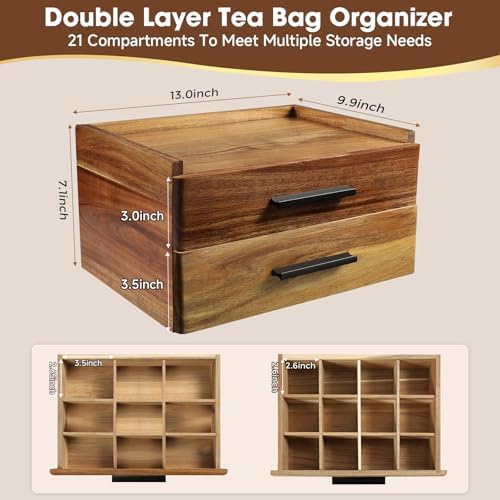 Acacia Wood Tea Bag Organizer with Gift Box, Double-Drawer Tea Box - Tea Accessories for Tea Organizer and Storage Box, Tea Station Chest Caddy for Countertop Cabinet Office(21-Compartment) - Image 3
