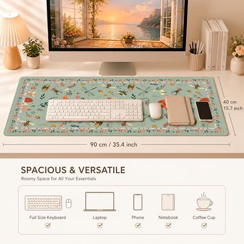 Large Desk Mat, Cottagecore Mouse Pad with Stitched Edges, Extended Keyboard Pad for Office & Gaming, Non-Slip Waterproof Desk Mouse Pad (Sage Green) - Image 3