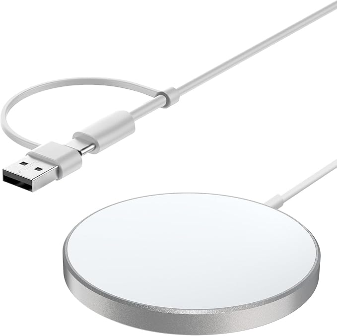 for MagSafe Charger 15W Magnetic Wireless Charging Pad for iPhone 17 16 15 14 13 12 Air Pro Max Plus mini/AirPods 2 3 Pro, Slim Portable Strong Magnet Quick Charger, USB-C/A Ports, Silver