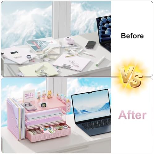 gianotter Wood Desk Organizers and Accessories with File Holder, 4-Tier Desk Accessories & Workspace Organizers with Drawer and Pen Holder, Desk Reference Organizer (Pink, 4T with Drawer) - Image 2
