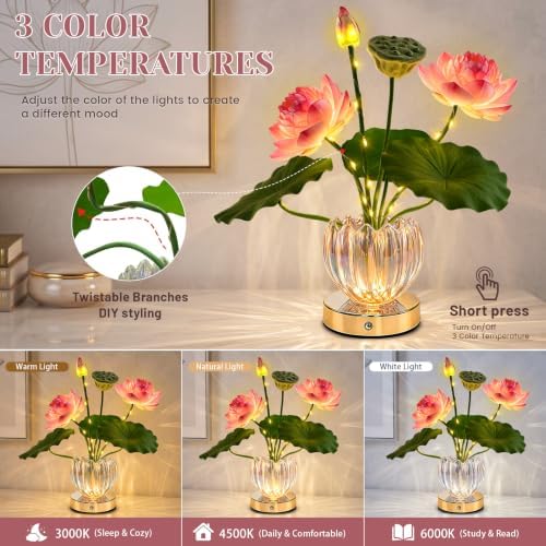 Flower Table Lamp, 3 Color Lotus Night Light, Rechargeable Cordless Touch Dimming Artificial Flower Light, LED Flower with Glass Vase Lamp for Girls Women Mom (Pink Lotus) - Image 3