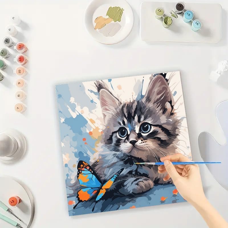 TAOPAOLAB Cat Digital Painting Kit for Adults - DIY Tabby Kitten and Butterfly Oil Painting on Canvas 7.87x7.87In, Framed Acrylic Paint Kit, Good for Beginners, Art for Home Decoration or Gifts - Image 3